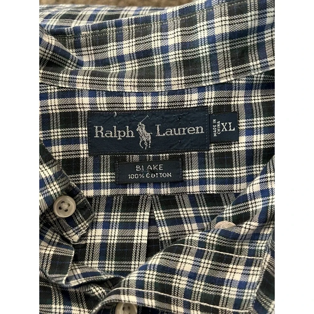 Ralph Lauren Mens Size‎ XL Blake Gray Blue Plaid Button Down Collar Cotton Shirt